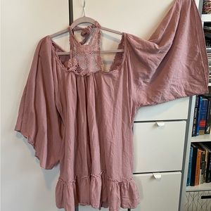 Oversized Babydoll Crochet Neck Tie Bell Sleeve Tunic Dress L XL Free People